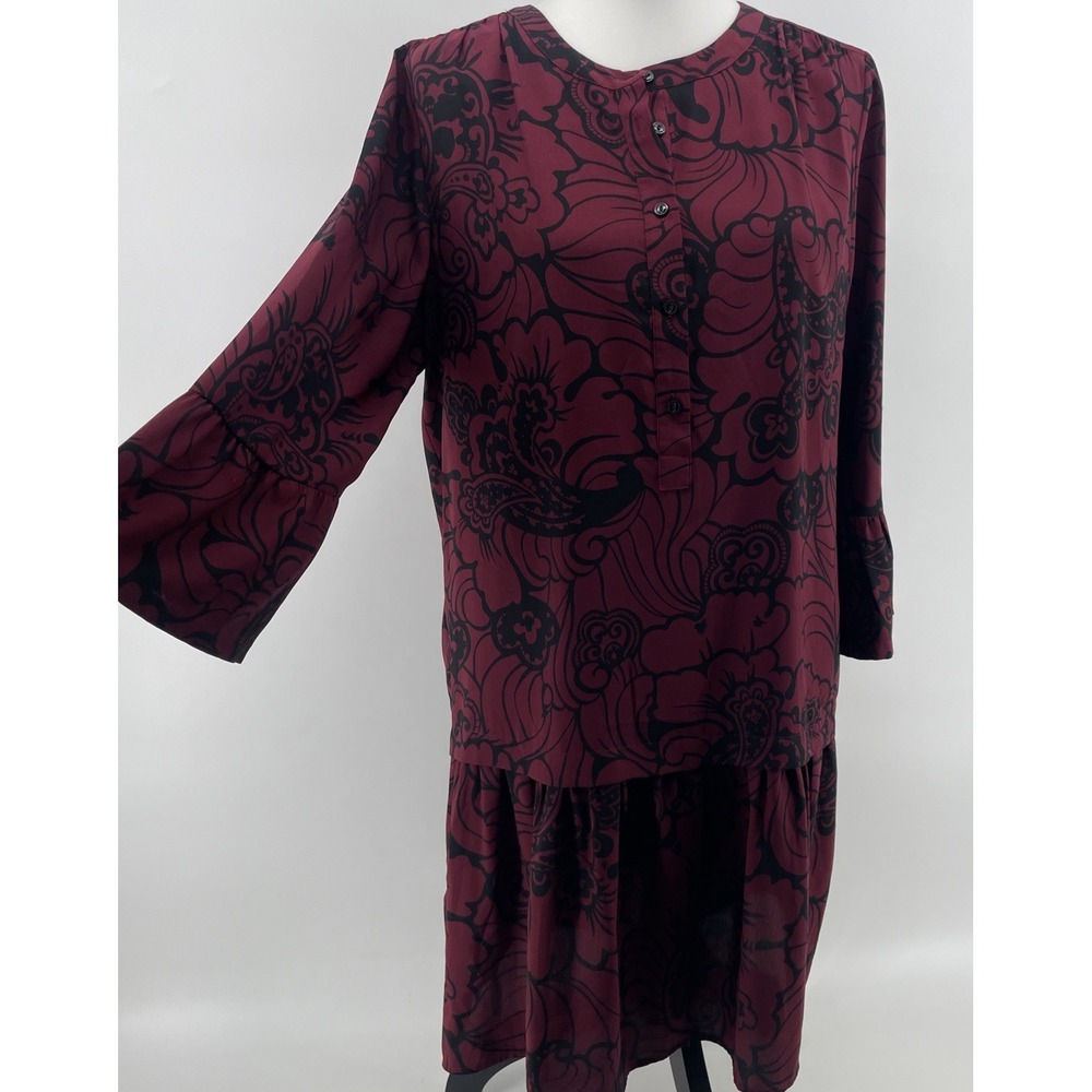 Loft Maroon Black Dress Women's Medium Floral‎ Tiered Ruffle Sleeve Dark Fairy